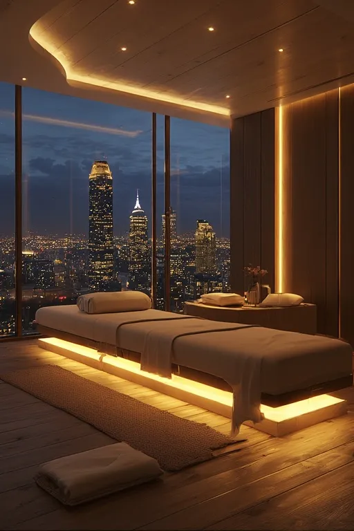 창가 너머 서울 야경을 배경으로 조용한 조명 아래 마련된 휴식 공간