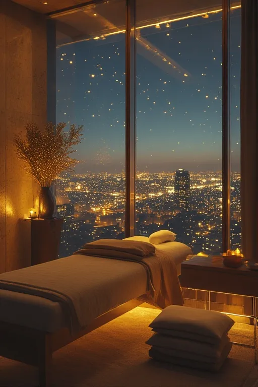 도시 야경이 보이는 창가 앞 조용한 휴식 공간의 침대와 조명이 켜진 실내 모습