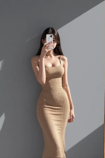 자연광이 비치는 벽면 앞에서 베이지 톤 슬리브리스 원피스를 입고 셀카를 촬영하는 모습