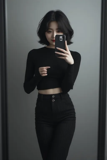 검은 상의와 팬츠를 착용한 여성이 거울 앞에서 휴대전화로 셀피를 촬영하는 모습