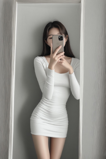 밝은 실내 프레임 공간에서 스마트폰으로 촬영 중인 인물 모습