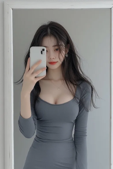 밝은 실내 공간에서 다크 그레이 긴 소매 원피스를 입고 거울 셀카를 촬영하는 모습