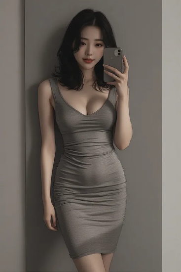 실내 벽면 앞에서 거울로 촬영된 차분한 분위기의 인물 모습