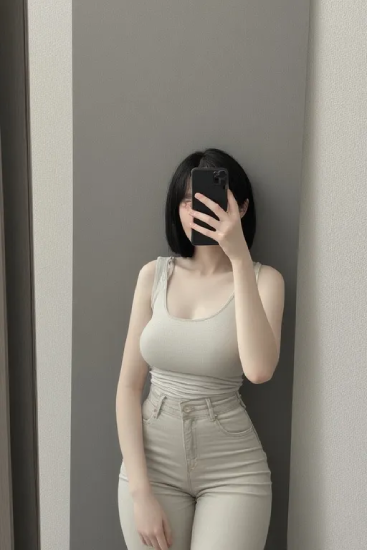 밝은 실내 벽면 앞에서 휴대전화로 촬영한 인물의 전신 모습