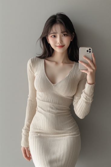 실내 조명 아래 거울을 이용해 촬영 중인 인물의 자연스러운 전신 모습