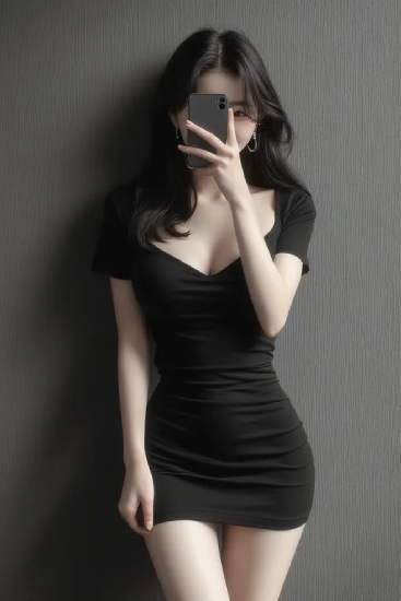 실내 벽면 앞에서 거울을 이용해 촬영 중인 인물의 차분한 전신 모습