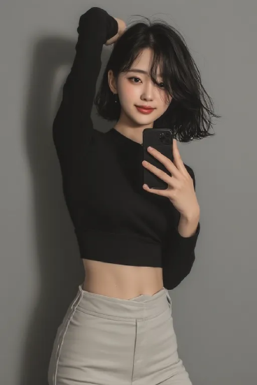 실내 조명 아래 거울을 통해 촬영된 인물의 모습