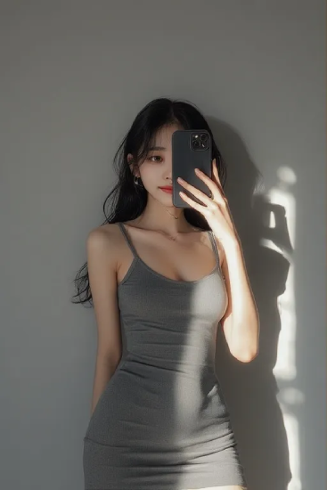 실내 공간에서 햇빛이 비치는 벽 앞에서 거울로 촬영한 인물의 상반신 모습