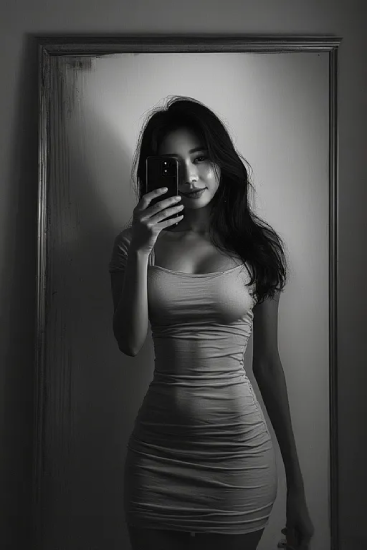 흑백 톤의 실내에서 거울을 통해 촬영한 인물의 상반신 모습