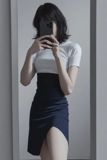 전신 거울 앞에서 자연광 아래 촬영한 여성의 실루엣 모습