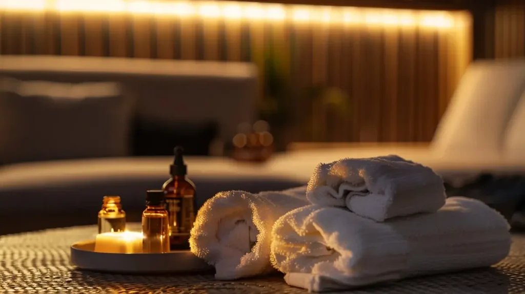 따뜻한 조명 아래 마련된 실내 휴식 공간 전경