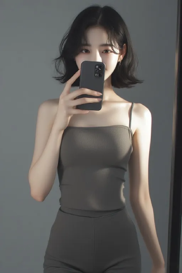 실내 부드러운 조명 아래 거울을 이용해 촬영한 인물의 상반신 모습