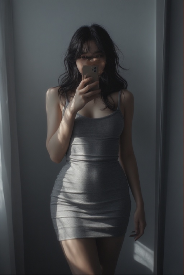 실내 공간에서 자연광을 받아 촬영된 인물의 전신 모습