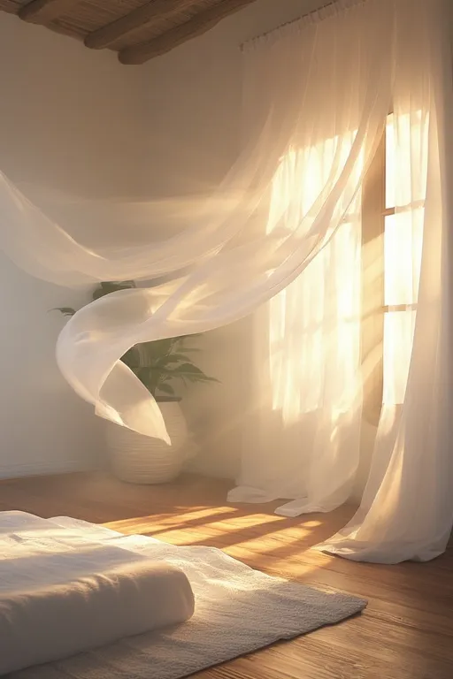 햇빛이 들어오는 방 안에서 얇은 커튼이 부드럽게 흩날리는 모습