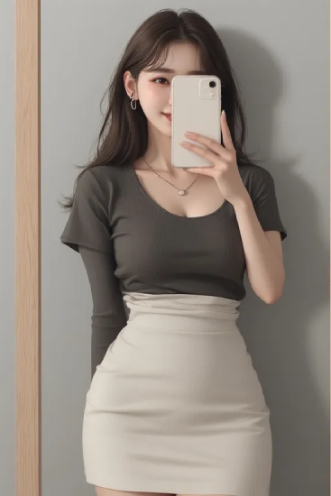 실내 벽면 앞에서 투톤 상의와 아이보리 스커트를 착용하고 거울 셀카를 촬영하는 모습